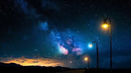 Silhouette of suburban street lights with the dramatic Milky Way star cluster and nebula clouds in the background