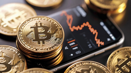 Concept of investing in cryptocurrencies and bitcoins. Close-up of a virtual coin near a phone with graphs. Trading on the cryptocurrency exchange. Bitcoin rise and fall chart.