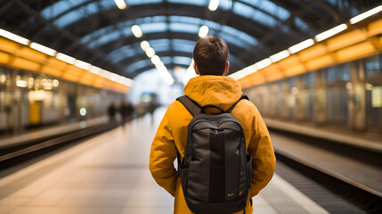 Man standing on train station, travelling look, blurred background