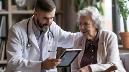 young doctor is showing something on a tablet to an elderly female patient in a clinical setting