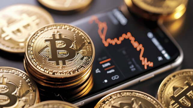 Concept of investing in cryptocurrencies and bitcoins. Close-up of a virtual coin near a phone with graphs. Trading on the cryptocurrency exchange. Bitcoin rise and fall chart.