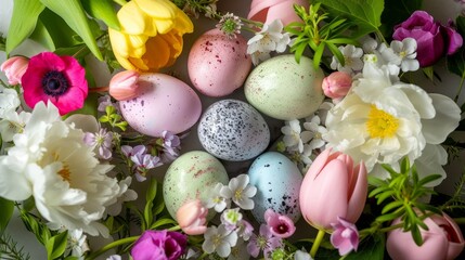 Obraz na płótnie Canvas Pastel Easter Eggs Amongst a Variety of Spring Flowers, wallpaper banner