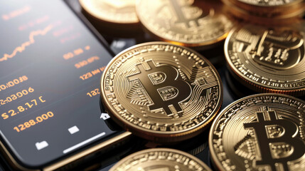 Concept of investing in cryptocurrencies and bitcoins. Close-up of a virtual coin near a phone with graphs. Trading on the cryptocurrency exchange. Bitcoin rise and fall chart.