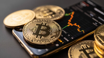 Concept of investing in cryptocurrencies and bitcoins. Close-up of a virtual coin near a phone with graphs. Trading on the cryptocurrency exchange. Bitcoin rise and fall chart.