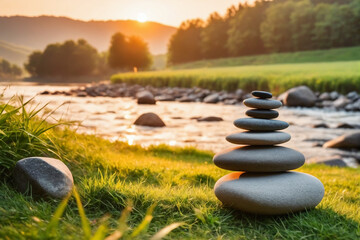 Zen stones on the grass near a river, blurred background, warm sunset light