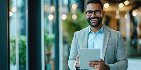 Confident smiling e-commerce person holding a tablet displaying inventory analytics. Successful management
