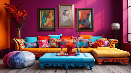 Vibrant Bohemian colorful living room with table and sofa, room, interior, tree, house, home, table, color, decoration, market, gift, furniture, holiday, food, fireplace, shop, temple, celebration