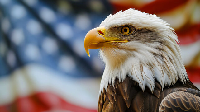 A beautiful eagle in front of a USA flag