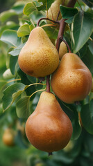 Dew-laden pears with a russet blush on a branch
