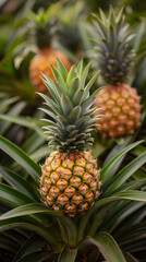 Fototapeta premium Young pineapples growing with pointy leaves