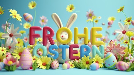 Obraz premium Happy Easter in German. Colorful Easter Arrangement with Flowers and Eggs. Floral spring wallpaper background