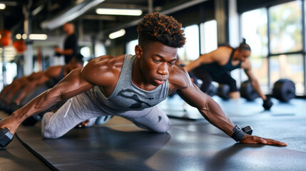focused man is performing a push-up at the gym, with another person exercising in the background