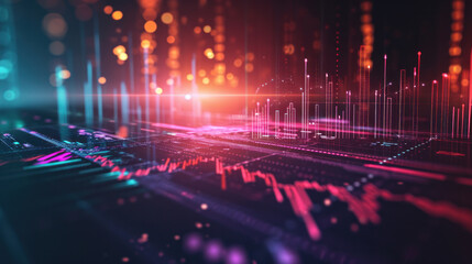 Red technical charts of cryptocurrency market volatility, red candles, analysis. Finance and cryptocurrency concept.
