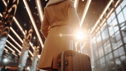Close-up photos of a Businesswoman Wearing a beige coat. with luggage doing check-in at the modern...