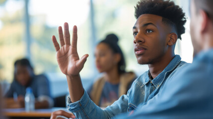 young African American man in a denim jacket raising his hand, likely to ask a question or participate in a discussion, in a classroom setting with other students blurred in the background