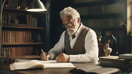 Academic professor working at his desk. Classic educated old man hand writing in his luxury library. Writer with white beard and mustache. 