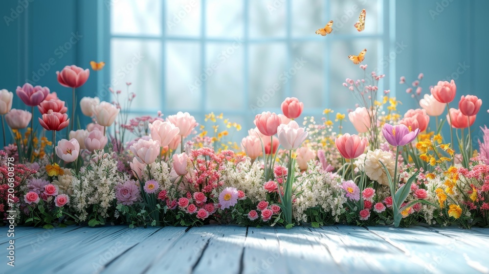 Poster A vibrant assortment of flowers placed on a table near window, creating a captivating display.