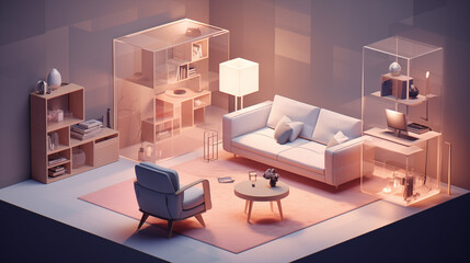 Fototapeta na wymiar A cube cutout of an isometric living room 3D rendered.