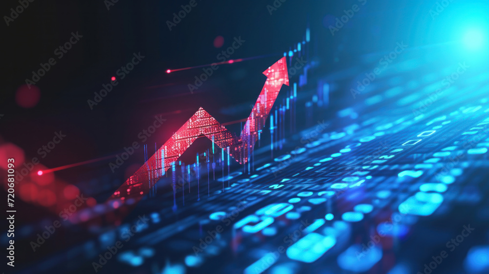 Poster an image of a financial chart with an up arrow moving in the stock market. concept of cryptocurrency
