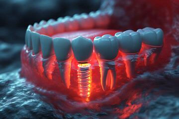 Dental implant, teeth model for dentist studying dentistry, dentistry learning teaching model showing teeth, roots, gums, gum disease, tooth decay and plaque.