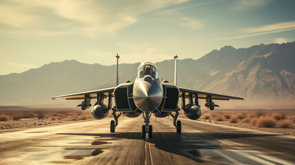 Fighter jet on a desert runway, mountains in the background - obrazy, fototapety, plakaty