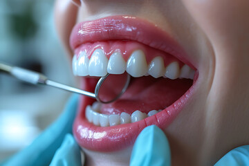 dental health and orthodontist, medical concepts. Girl having teeth examined at dentists.