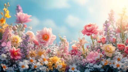 Fototapeta na wymiar A collection of vibrant flowers arranged on blue sky background