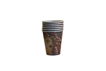 A stack of paper cups for drinks with a pattern of coffee beans on a white background.