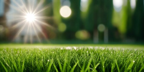 Green lawn with fresh grass outdoors. Mowed lawn with a blurred background of a well-groomed area on a sunny day.