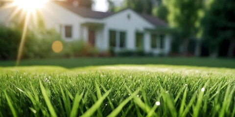 Green lawn with fresh grass outdoors. Mowed lawn with a blurred background of a well-groomed area on a sunny day.
