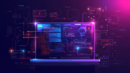 Digital tasks concept. Business Finance Data Analysis Graphic Chart Report. Using a laptop computer, typing investment data, digital marketing KPI sales report, cyberspace metaverse.