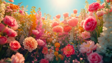 Obraz na płótnie Canvas Lush garden of vibrant flowers basking in golden sunlight.