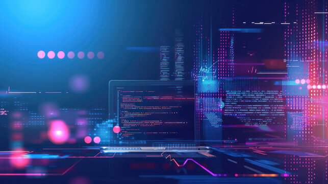 Digital Tasks Concept. Business Finance Data Analysis Graphic Chart Report. Using A Laptop Computer, Typing Investment Data, Digital Marketing KPI Sales Report, Cyberspace Metaverse.