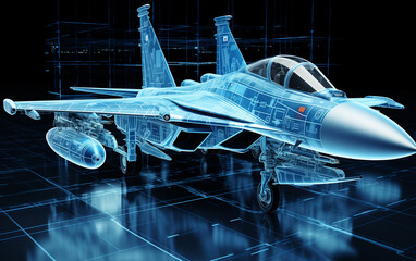 Wireframe view of an air force fighter isolated on a black background - obrazy, fototapety, plakaty
