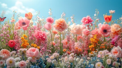 Fototapeta na wymiar Lush garden of vibrant flowers on blue sky background