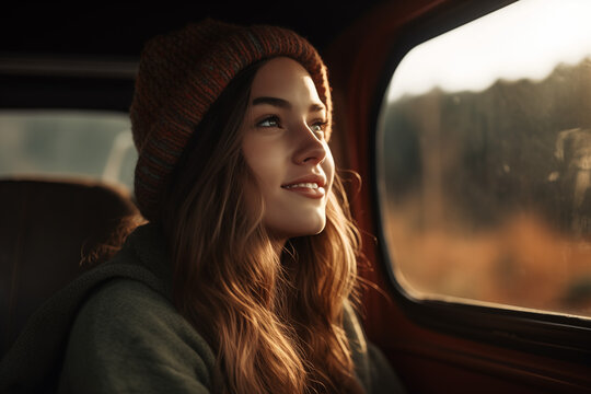 A Smiling Girl In A Forest Sitting In A Car Looking Out The Window