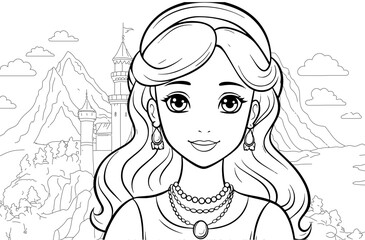 Young princess portrait coloring page. Outline black ink drawing antistress coloring book mountain forest isolated on white vector illustration