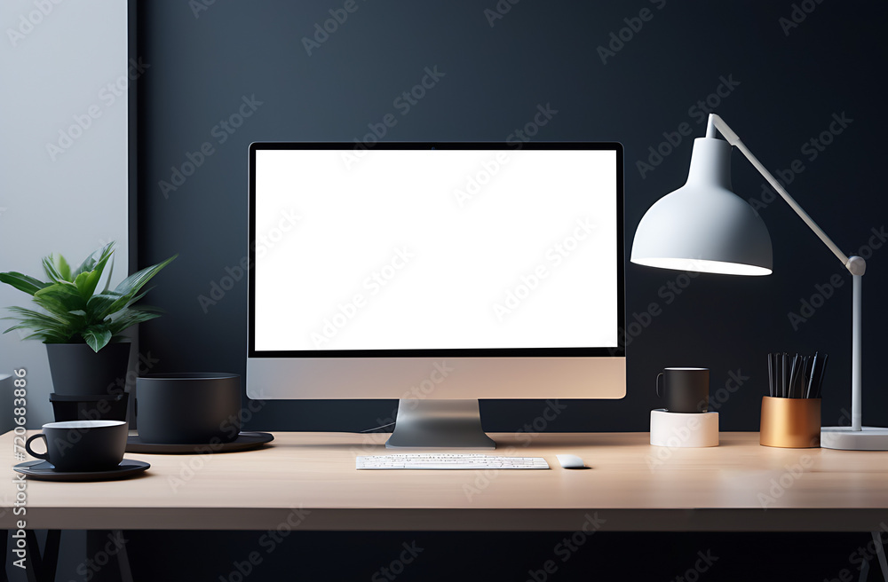 Poster desktop computer screen mockup on wood table. workplace with blank monitor, display