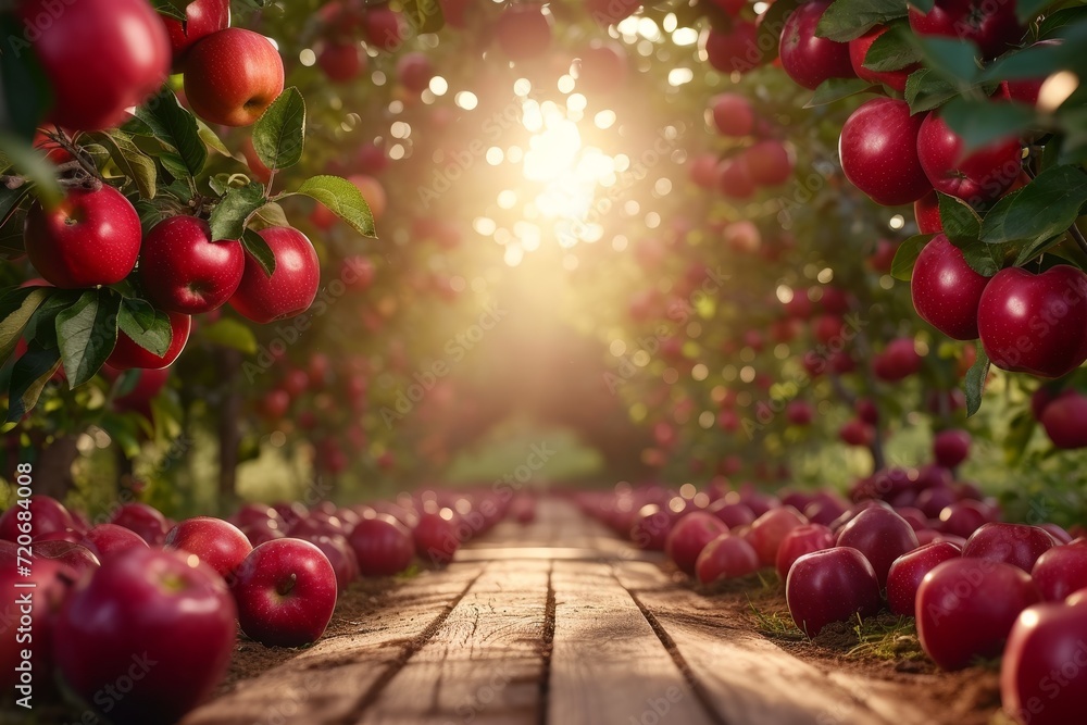 Poster apple garden background with empty wooden table top in front for product promotion and sunshine