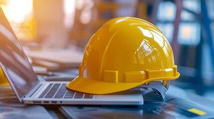 Safety Helmet on Worksite Laptop