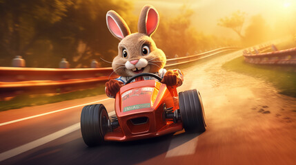 A cute rabbit confidently drives a tiny toy car along a winding road, showcasing its playful and adventurous spirit. Generated with AI.