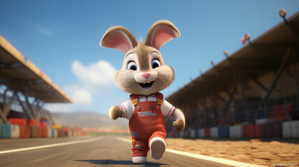 An energetic cartoon bunny is captured in motion as it swiftly runs down a race track. - obrazy, fototapety, plakaty