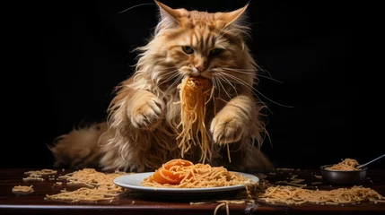 Zelfklevend Fotobehang cat eating spaghetti © Aliverz
