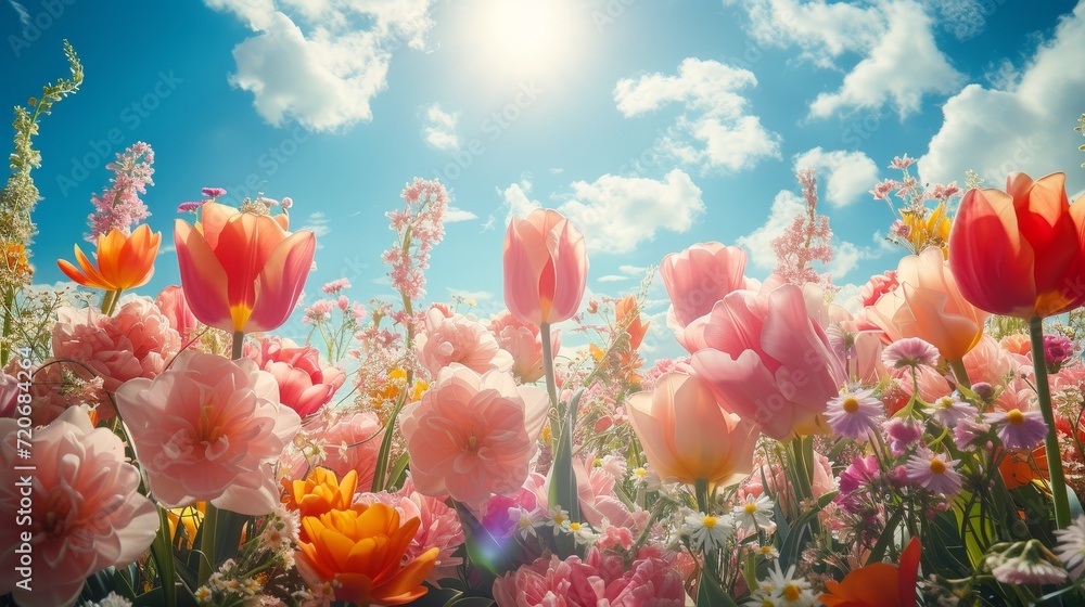 Wall mural A field vibrant with pink and orange flowers blooming under a clear blue sky.