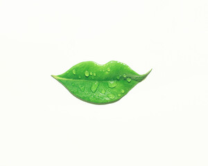 A fresh green leaf in the shape of a woman's lips sprinkled with drops of dew or rain, care and...
