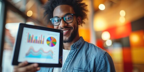 Smiling entrepreneur holding a tablet displaying a direct sales graph - obrazy, fototapety, plakaty