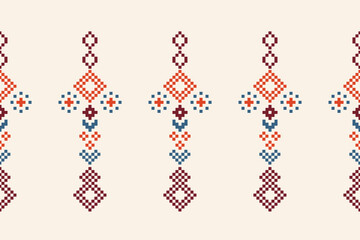 Ethnic geometric fabric pattern Cross Stitch.Ikat embroidery Ethnic oriental Pixel pattern brown cream background. Abstract,vector,illustration. Texture,clothing,frame,motifs,silk wallpaper.