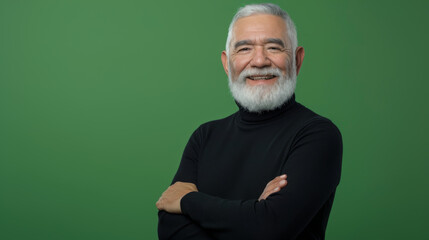 cheerful elderly man with a white beard is wearing a black turtleneck, crossing his arms, and smiling against a green background