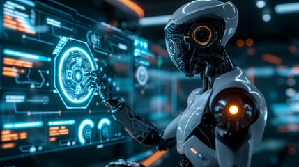 Obraz premium Futuristic Robot Operating Control Interface with Holograms