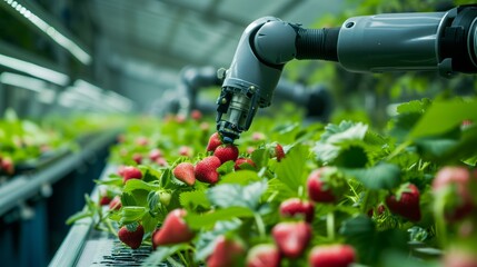 Robotic Arm Picking Strawberries in High-Tech Greenhouse